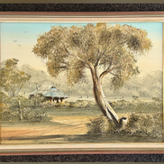 A Country Manor — original oil on board showing a gum tree and homestead in warm Australian bush tones