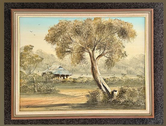 A Country Manor — original oil on board showing a gum tree and homestead in warm Australian bush tones