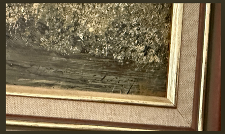 Close-up detail of oil on board texture and timber frame — A Country Manor