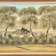 Shack by the Billabong — original oil on board showing a bush shack surrounded by water and ghost gums