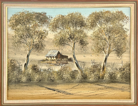 Shack by the Billabong — original oil on board showing a bush shack surrounded by water and ghost gums