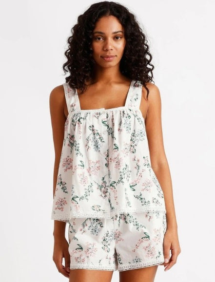 Cotton Floral Crochet Trim Cami Boxer Set (Size Large - 14)