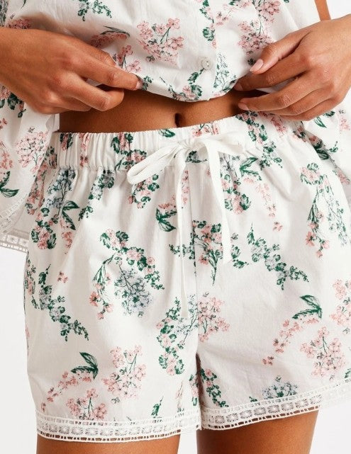 Cotton Floral Crochet Trim Cami Boxer Set (Size Large - 14)