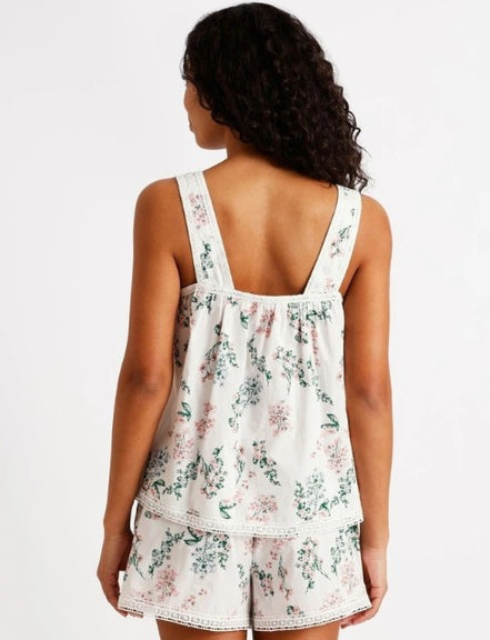 Cotton Floral Crochet Trim Cami Boxer Set (Size Large - 14)