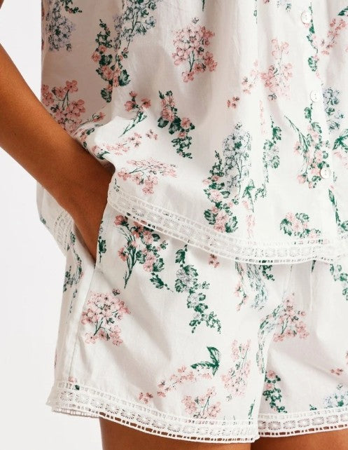 Cotton Floral Crochet Trim Cami Boxer Set (Size Large - 14)