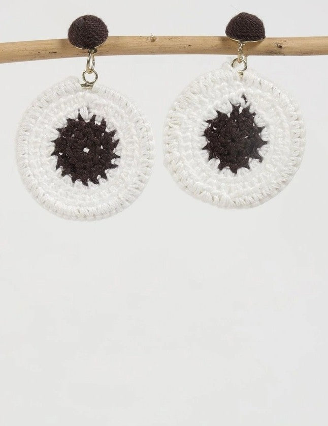Crochet Cotton White and Chocolate Brown Earrings