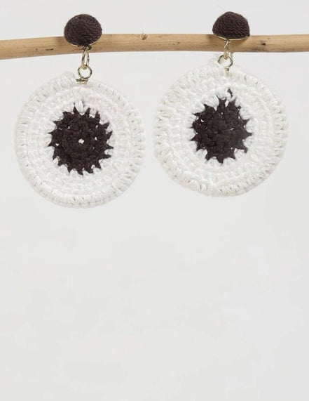 Crochet Cotton White and Chocolate Brown Earrings