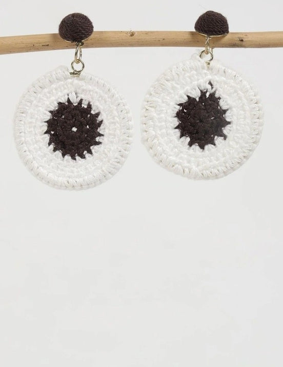 Crochet Cotton White and Chocolate Brown Earrings