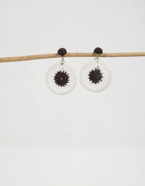 Crochet Cotton White and Chocolate Brown Earrings
