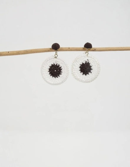 Crochet Cotton White and Chocolate Brown Earrings