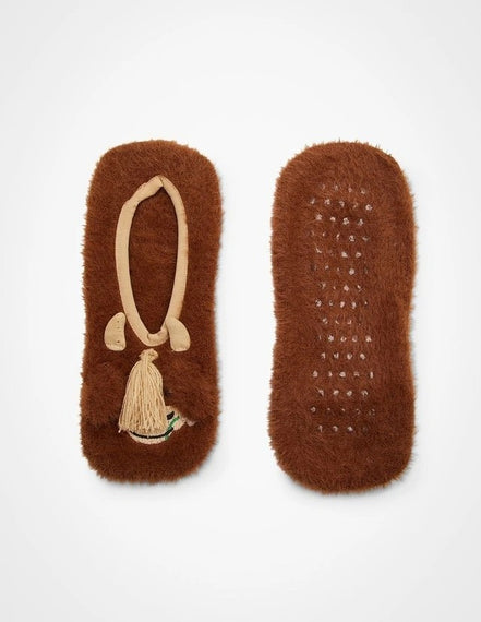 Fluffy Highland Cow Slipper Socks in Brown: Womens Size 5-8