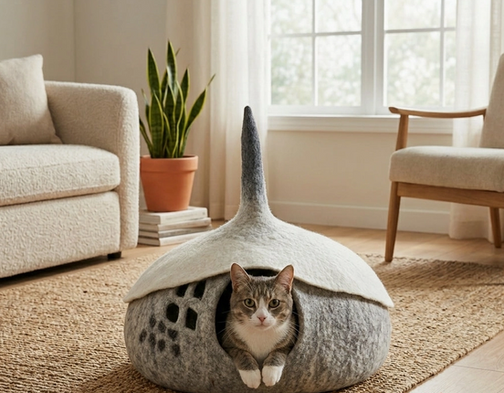 Woodland Acorn Wool Cat Cave Bed