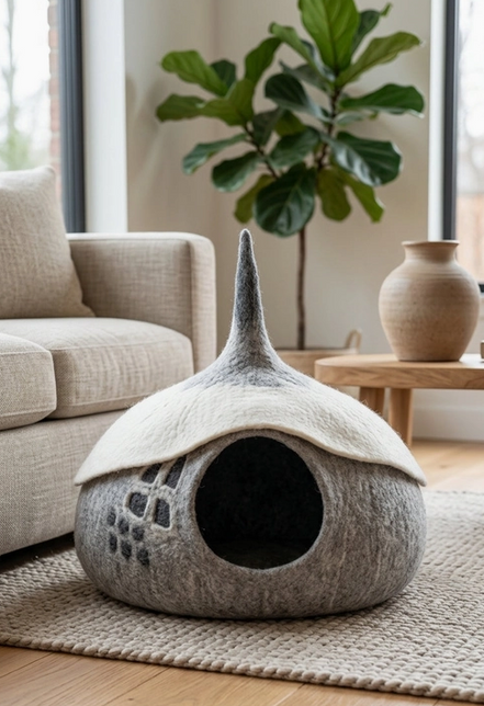 Woodland Acorn Wool Cat Cave Bed