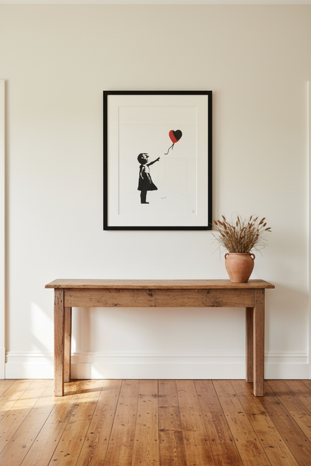 Balloon Girl in rural homestead hallway