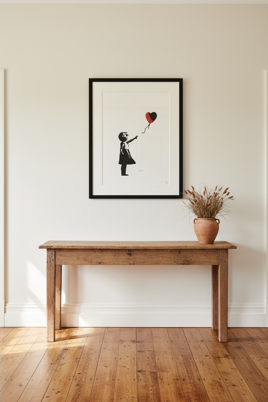 Balloon Girl in rural homestead hallway