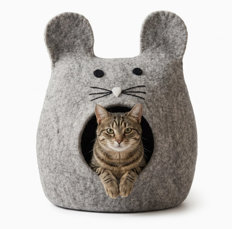 Mouse Shaped Grey Wool Cat Cave Bed