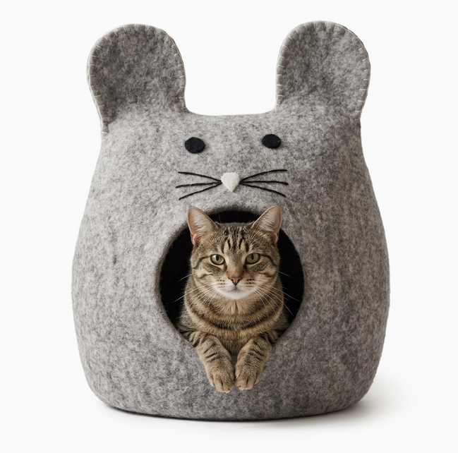 Mouse Shaped Grey Wool Cat Cave Bed