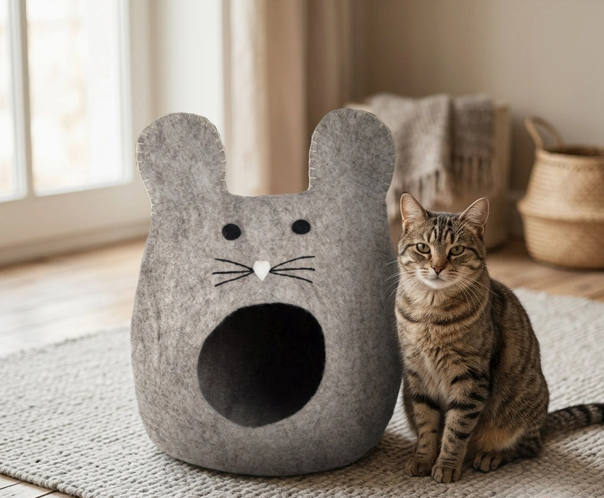 Mouse Shaped Grey Wool Cat Cave Bed