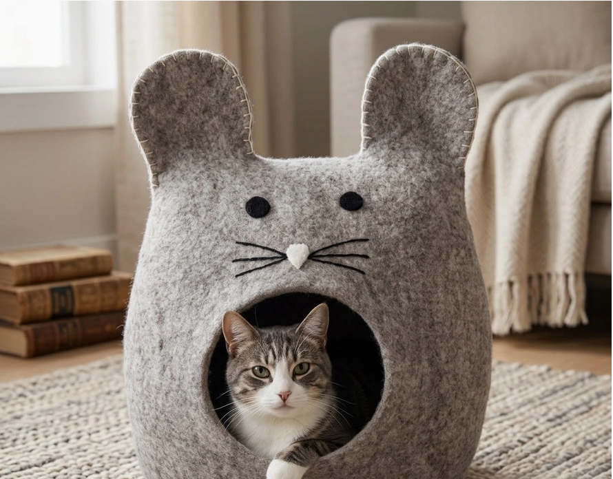 Mouse Shaped Grey Wool Cat Cave Bed