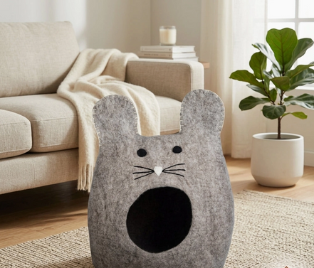 Mouse Shaped Grey Wool Cat Cave Bed