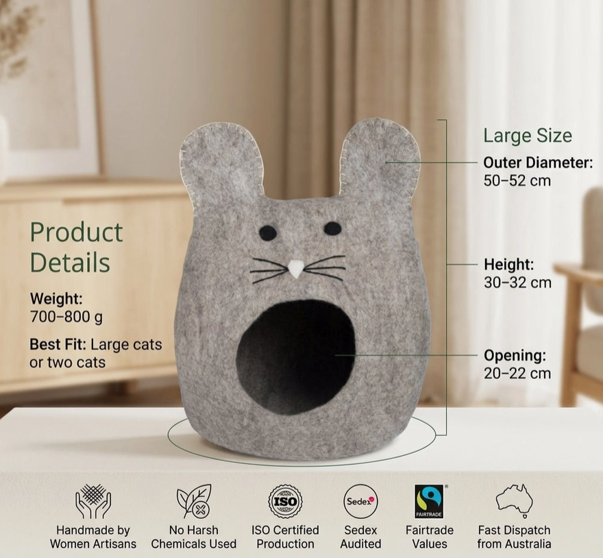 Mouse Shaped Grey Wool Cat Cave Bed