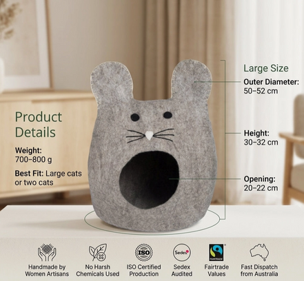 Mouse Shaped Grey Wool Cat Cave Bed