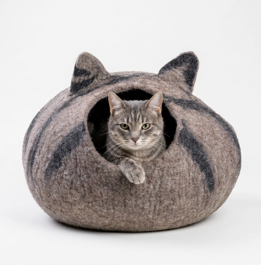 Grey Tabby Cat Wool Cat Cave Bed