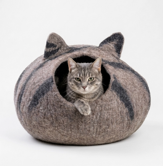 Grey Tabby Cat Wool Cat Cave Bed