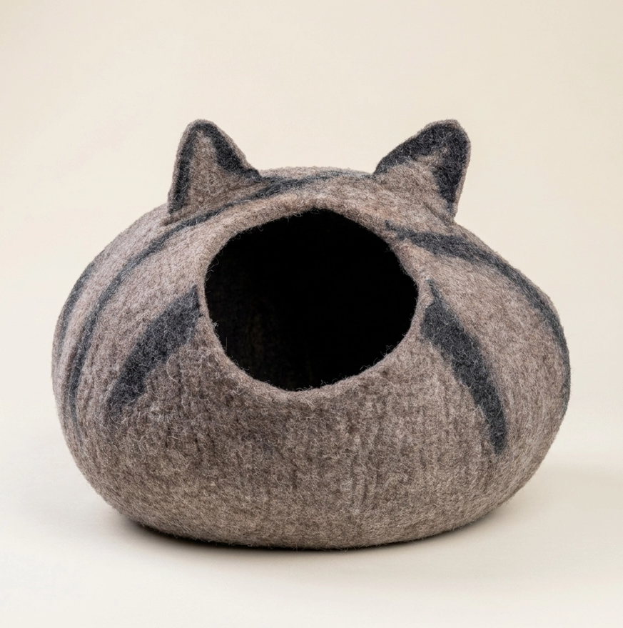 Grey Tabby Cat Wool Cat Cave Bed