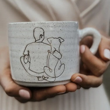 He and His Dog. Hugs. Ceramic Mug.  Right Handle. Australian Made.
