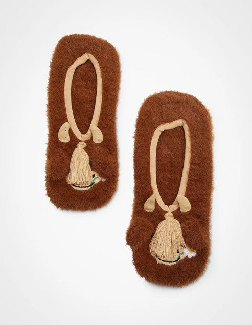 Fluffy Highland Cow Slipper Socks in Brown: Womens Size 5-8