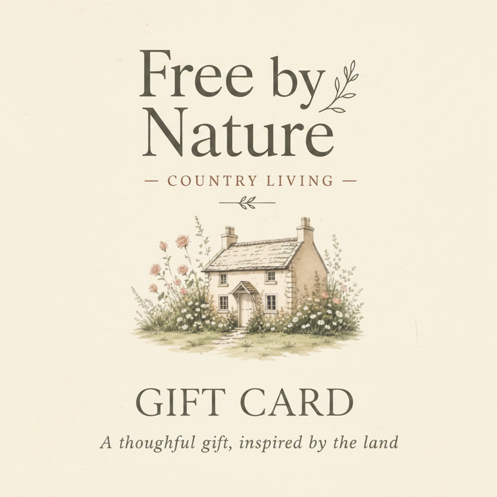 Free by Nature gift card design with the Free by Nature Country Living logo and cottage illustration on a warm cream background