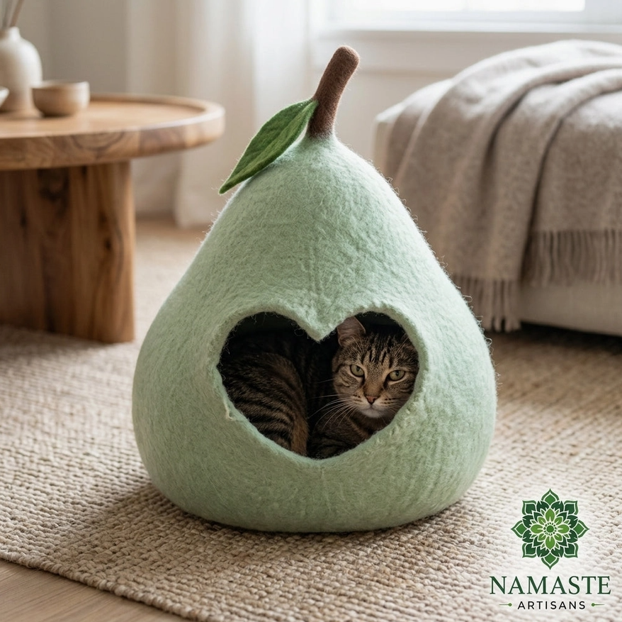Pear Shaped Green Wool Cat Cave Bed
